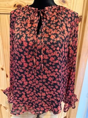 Lush Women's Red/Black Floral Tie-Neck Blouse, metallic threads, size M